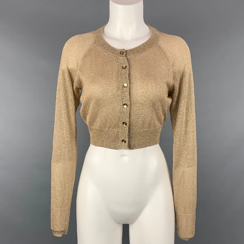 TWELFTH STREET by CYNTHIA VINCENT Size S Gold Rayon / Polyester Cropped Cardigan Embroidered Appliqued Beaded