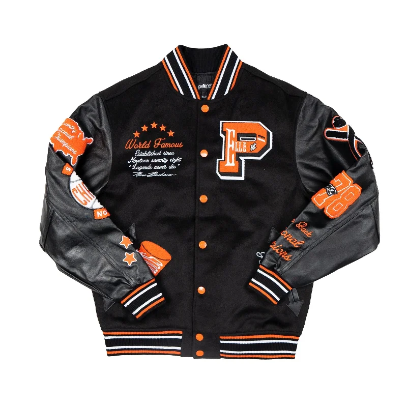 Pelle Pelle World Famous Wool and Leather Varsity Jacket - Black Stand-Up Collar Roll-Neck Collar Turtle Neck