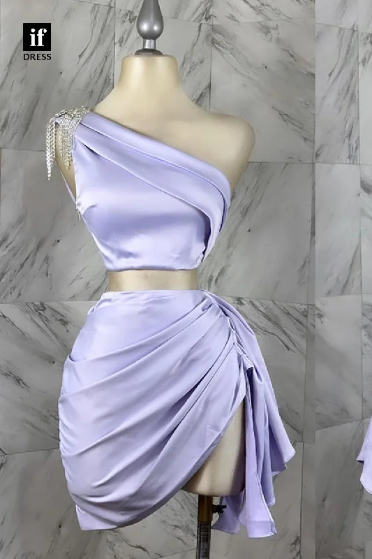 F1499 - Elegant One Shoulder Pleats Two Piece Mini Homecoming Party Dress Tunics Chic fashionable