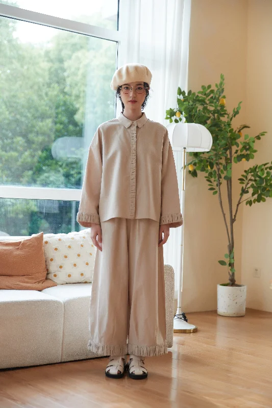 Gathered Hem Linen Cotton Wide Pants Set-Up Formal Slim Pants