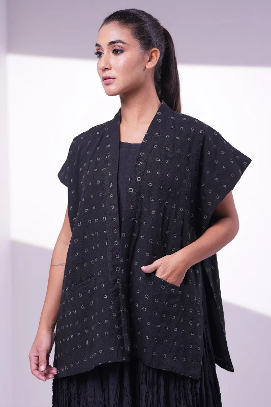Black Handwoven Cotton Embroidered Jacket Insulated Jacket Fitted Jacket Loose Jacket