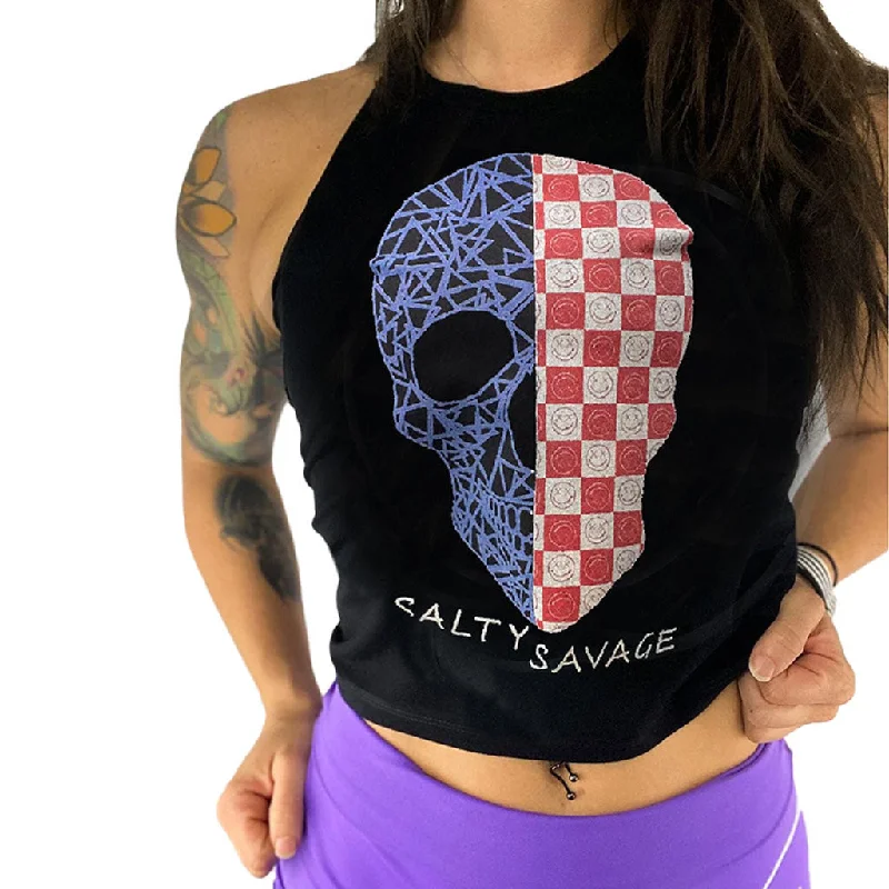 Salty Savage Ladies “Spliced Checkered Geo Skull” Flowy Racerback Crop Tank | USA Flag Edition trendy tank top