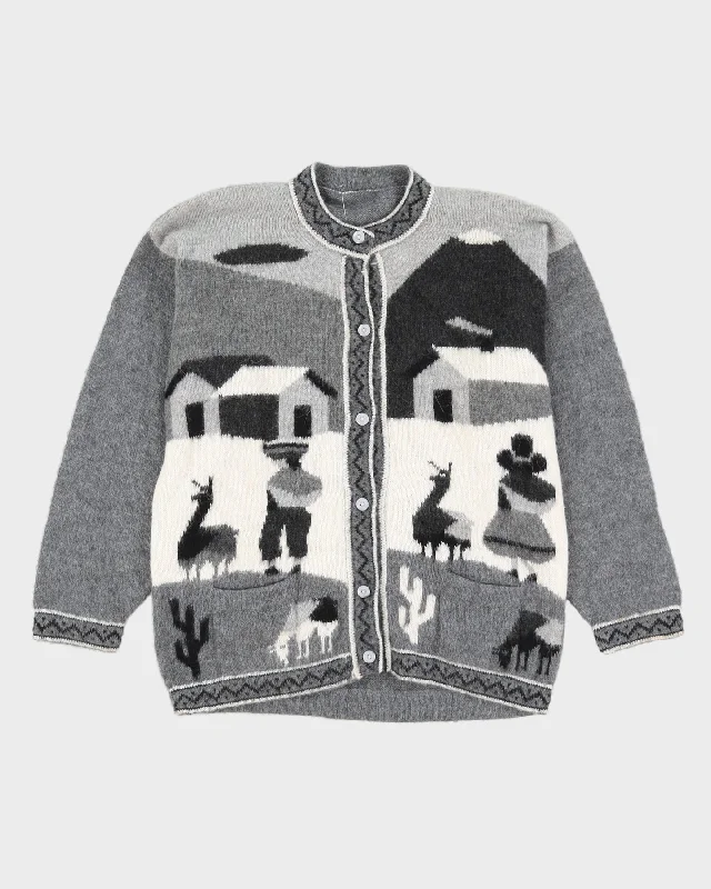 Grey Alpaca Wool Hand-Knitted Cardigan - S Spandex Blend Rayon Blend Denim Blend