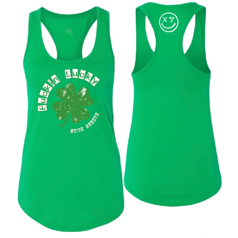 Salty Savage Ladies “Fuckin Lucky” Racerback Tank | White bright tank top