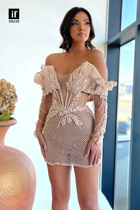 F1804 - Wonderful Strapless Appliques Long Sleeves Short Cocktail Homecoming Party Dress Tunics Distressed trendy F1804 - Wonderful Strapless Appliques Long Sleeves Short Cocktail Homecoming Party Dress Tunics Distressed trendy
