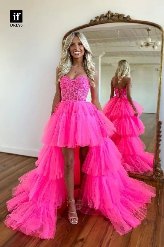 32966 - High Low Strapless Tiered Tulle Long Homecoming Party Dress with Train Tunics Wedding white