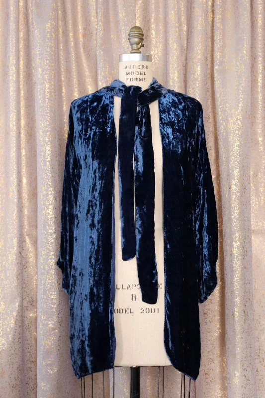 1920s Deep Blue Crushed Velvet Jacket XS-M Front Pockets Side Pockets Patch Pockets