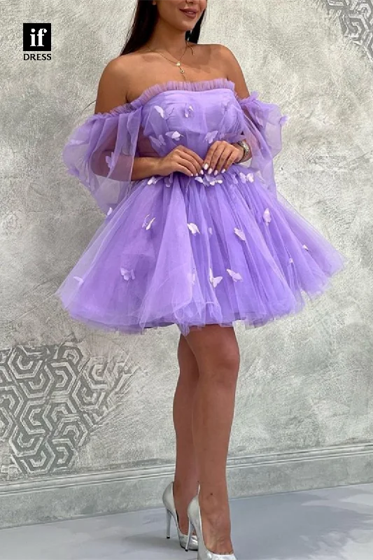 F1758 - A-Line Strapless Appliques Tulle Short Cocktail Homecoming Party Dress Tunics Practical easy-care