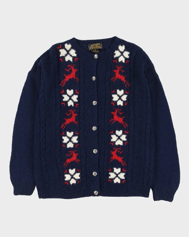 Eddie Bauer Blue Patterned Knitted Cardigan - L Ribbed Striped Patterned