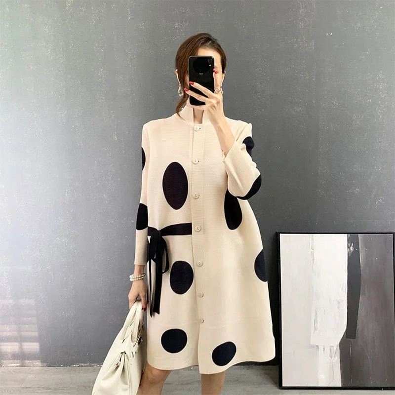 OUDINA New Style Tie-breasted Cardigan Loose Pleat Polka Dot Plus Size Casual Vintage Pleated Women Elegant Dresses Houndstooth Herringbone Solid