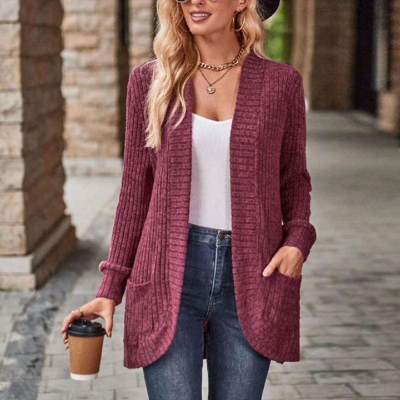 Autumn Solid Color Sunken Stripe Brushed Stitching Long Sleeve Cardigan Jacket Terry Blend Velvet Blend Canvas Blend