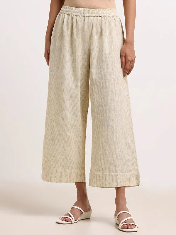 Utsa Lime Printed Blended Linen Wide-Leg Pants Chic Checkered Pants