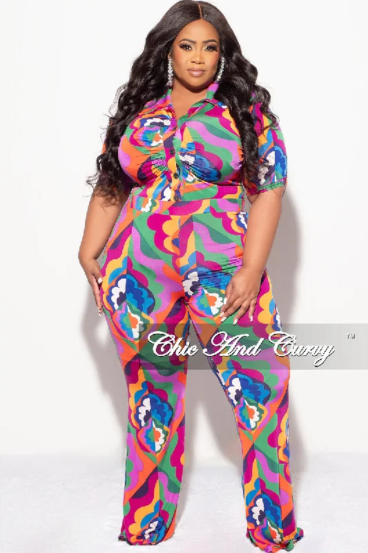 Final Sale Plus Size 2pc Button Up Collar Tie Top And Pants Set In Multi Color "Jazzy" Print Stretch Fit Pants