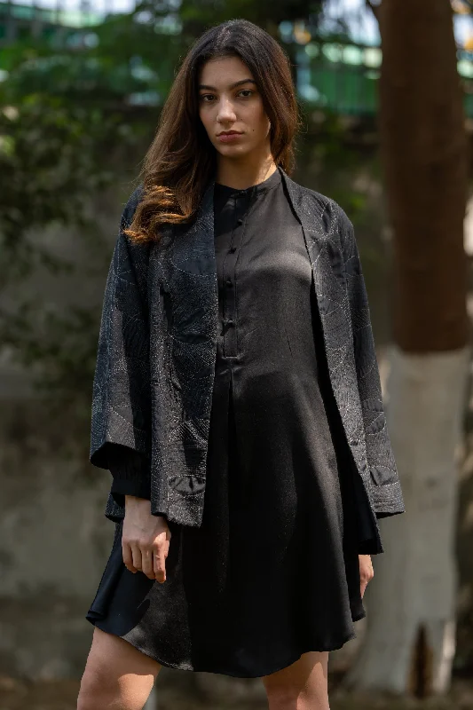 Black Embroidered Quilted Silk Jacket Satin Jacket Silk Jacket Chiffon Jacket