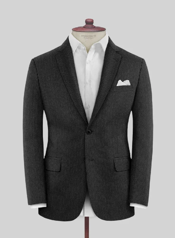 Scabal Vadal Stripe Gray Wool Jacket Front Pockets Side Pockets Patch Pockets