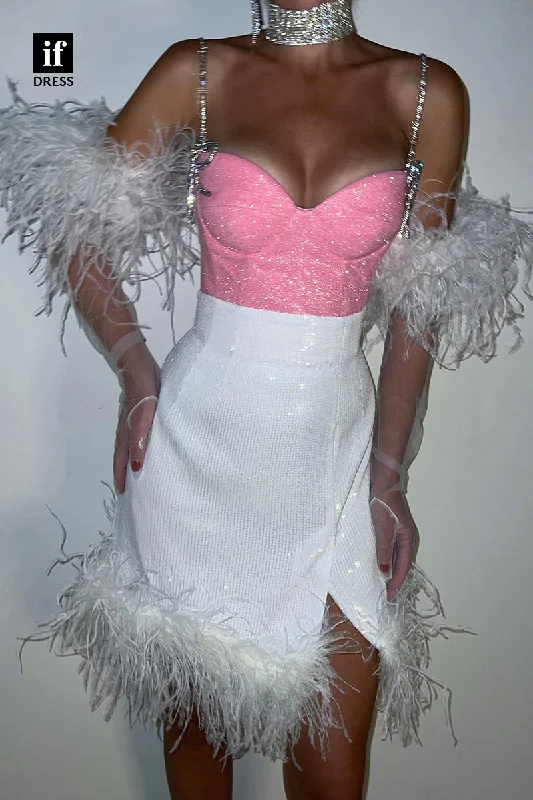 F1710 - Stunning Straps Sweetheart Feathers Short Cocktail Homecoming Party Dress Tunics Sophisticated sleek