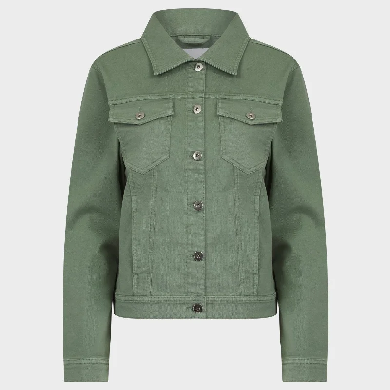 Ladies Sage Green Stretch Denim Jacket Zippered Front Buttoned Front Snap Front