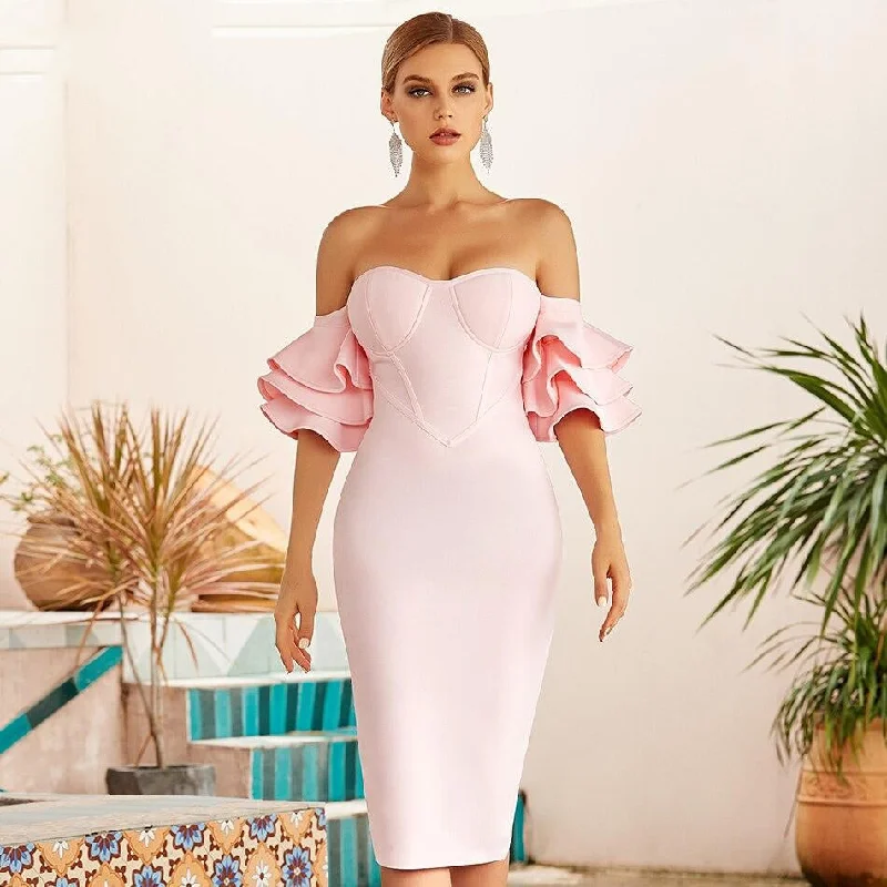 Pink Off Shoulder Butterfly Short Sleeve Celebrity Runway Party Dress Crew Neckline Casual