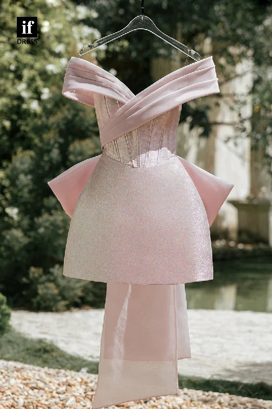 F1604 - Amazing Strapless V-Neck Pleats Bow-Knot Mini Homecoming Party Dress Tunics Silk luxurious