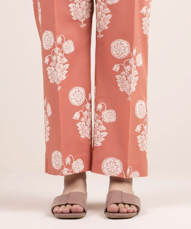 Printed Cambric Straight Pants Trendy High-Waist Trousers