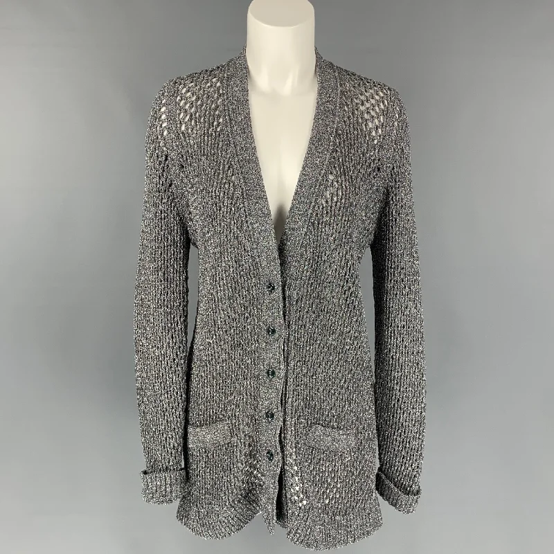 MARC JACOBS 2018 Size M Silver Nylon Metallic Knitted Cardigan Denim Fabric Leather Fabric Suede Fabric
