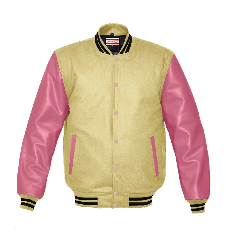 Superb Genuine Pink Leather Sleeve Letterman College Varsity Women Wool Jackets #PKSL-BSTR-PKB Notch Collar Peter Pan Collar Cowl Neck