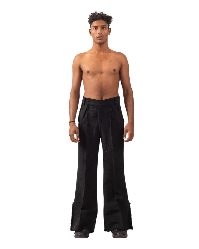 BLACK FRAYED KHADDAR DOUBLE-PLEATED PANTS Trendy Velvet Pants