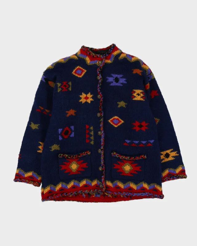 Blue Patterned Chunky Knitted Cardigan - L Welt Pockets Slit Pockets Flap Pockets
