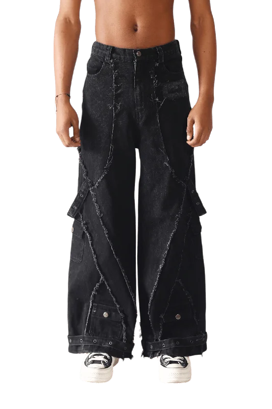 Denim Acid Wash Cargo Pants Warm Wool Trousers