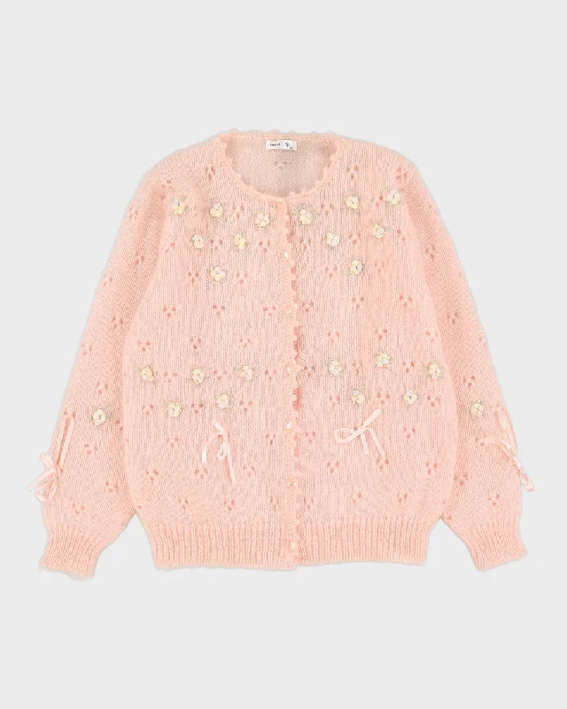 Y2K Pink Floral Knitted Cardigan - M Mesh Blend Leather Blend Suede Blend