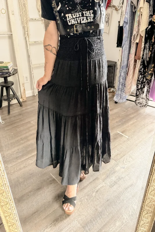 D-Drawstring Waist Tiered Maxi Skirt chiffon skirt floaty