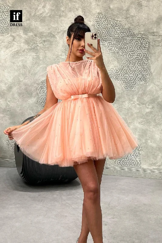 F1755 - A-Line Sleeveless Beads Tulle Belt Short Cocktail Homecoming Party Dress Tunics Chic elegant
