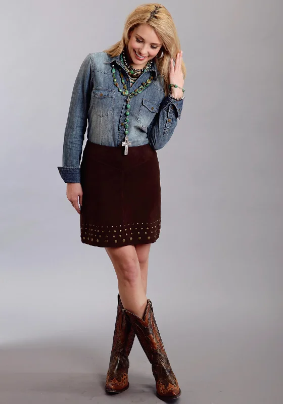 Stetson Ladies Brown Leather Nailheads Suede Lamb Skirt patchwork skirt art