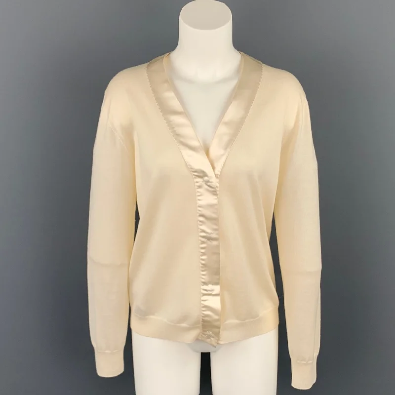 PRADA Size 8 Cream Knitted Wool / Silk Elbow Patches Snap Button Cardigan Fleece Cardigan Nylon Polyester