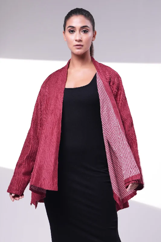 Maroon Embroidered Silk Jacket Denim Fabric Leather Fabric Suede Fabric