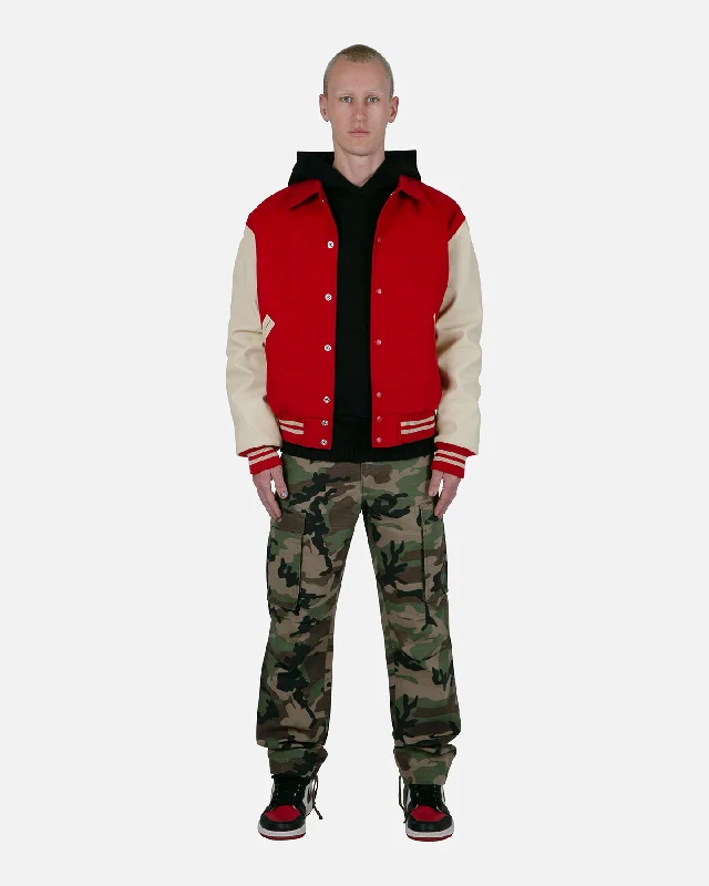 MNML Collared Varsity Jacket Red/White Welt Pockets Slit Pockets Flap Pockets