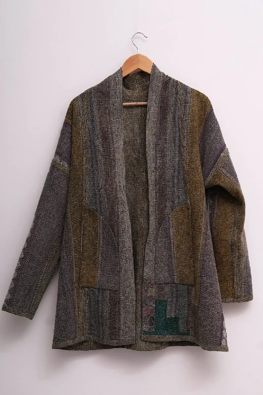 Grey Vintage Cotton Kantha Reversible Jacket Hooded Jacket Caped Jacket Shawl Collar Jacket