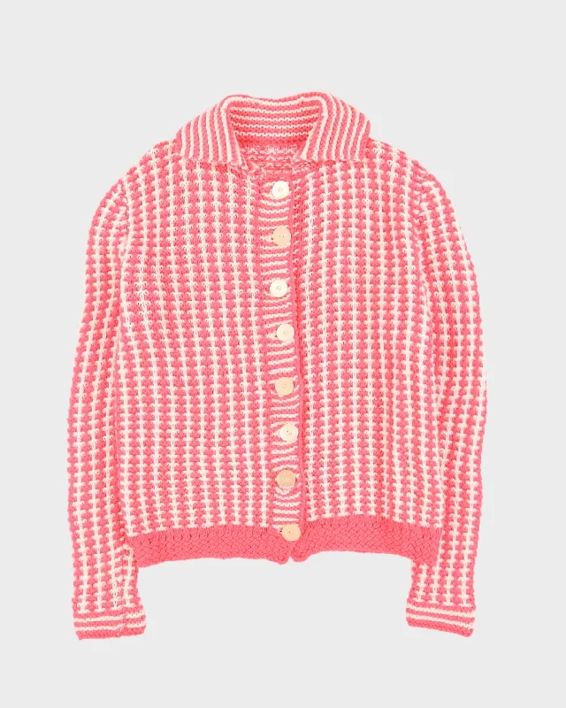 Vintage 1970s Pink And White Knitted Cardigan - M Solid Print Embellished