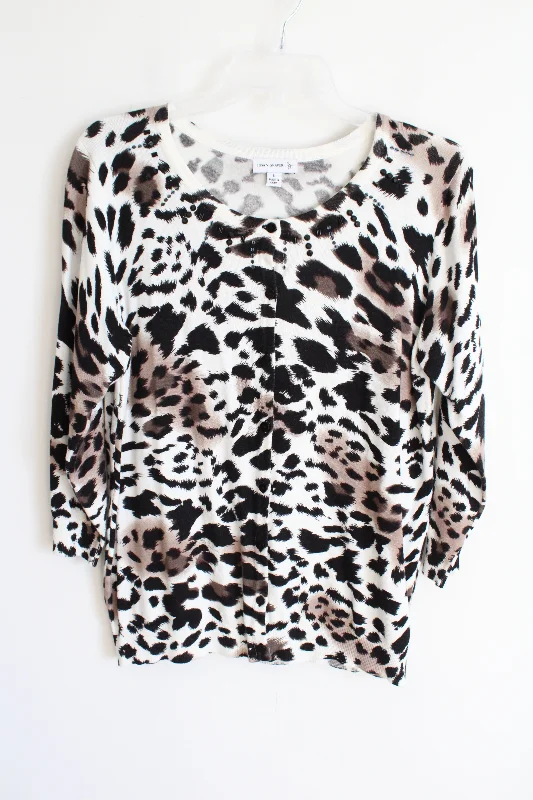 Susan Graver Cheetah Print Beaded Knit Cardigan | L Stretchy Elastic Breathable