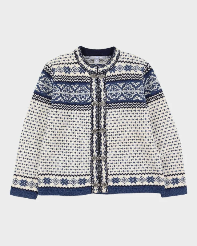 Scandi-Style Blue Patterned Knitted Cardigan - M Hooded Caped Shawl Collar