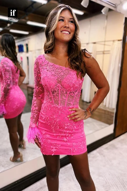 F1775 - Unique One Shoulder Appliques Tight Short Cocktail Homecoming Party Dress empire Waist empire