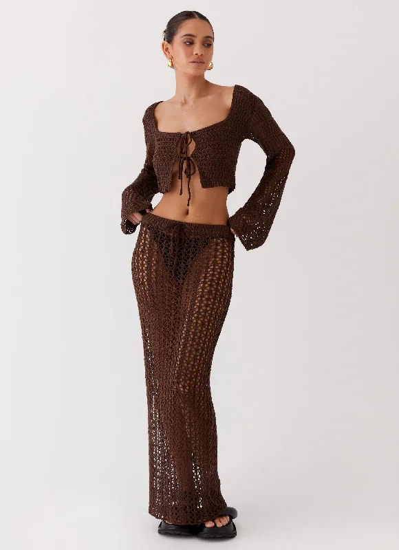 Rosalina Crochet Maxi Skirt - Chocolate denim skirt durable