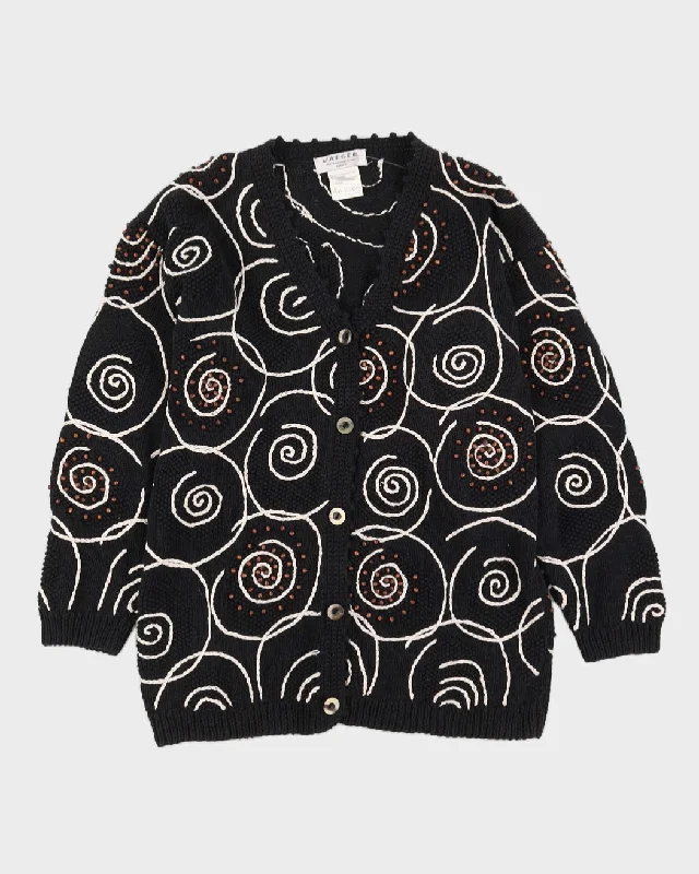 Jaeger Black Embroidered Knitted Cardigan - M Toggled Drawstring Belted
