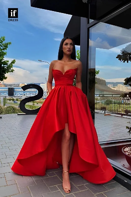 34819 - A-Line Strapless V-Neck High Low Satin Prom Formal Party Dress Off-the-shoulder Chic Trendy