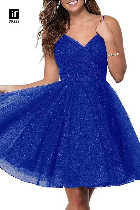 F1536 - Sweet Spaghetti Straps V-Neck A-Line Coaktail Homecoming Party Dress Off-the-shoulder Bohemian Festive