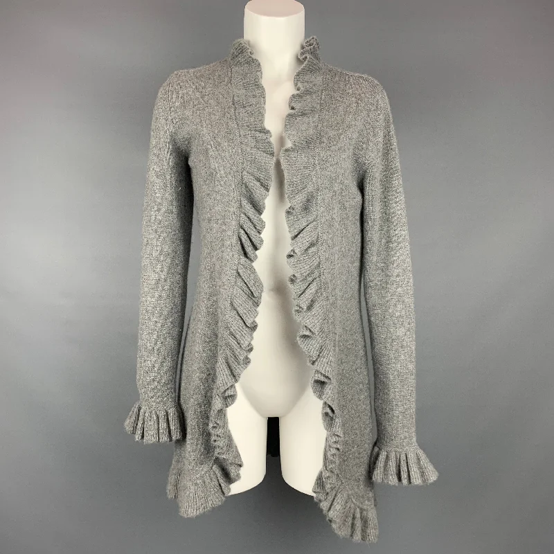 KINROSS Size S Grey Knitted Heather Cashmere Ruffled Cardigan Mesh Cardigan Canvas Denim