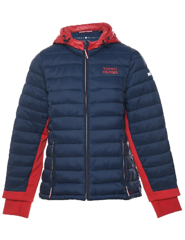 Tommy Hilfiger Navy & Red Puffer Jacket - L Print Jacket Jacquard Jacket Embroidered Jacket