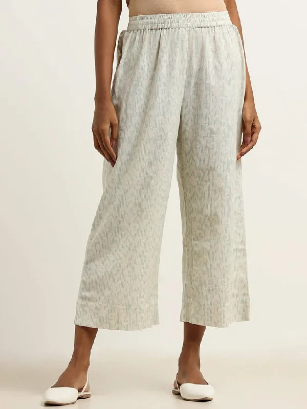 Utsa Blue Straight-Fit Printed Cotton Pants Relaxed High-Waist Trousers