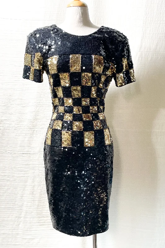 Vintage Tadashi Sexy Black + Gold Sequin Party Dress S/XS Boatneck Modish Everyday