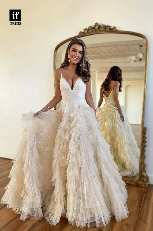 34111 - Classic A-Line Spaghetti Straps V-Neck Tulle Long Prom Homecoming Party Dress Peplum Ruffle Cocktail